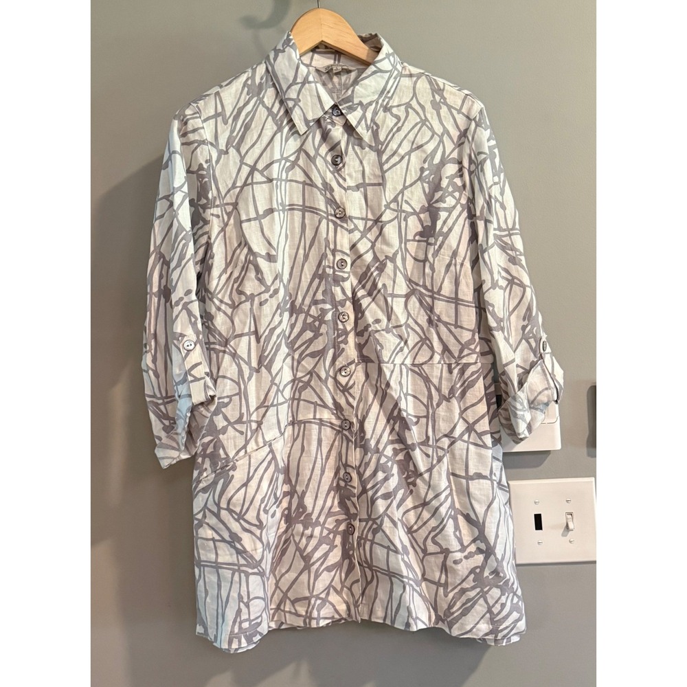 John Mark Tunic Women Large White Grey Linen Abstract Roll Tab Sleeve 4692
